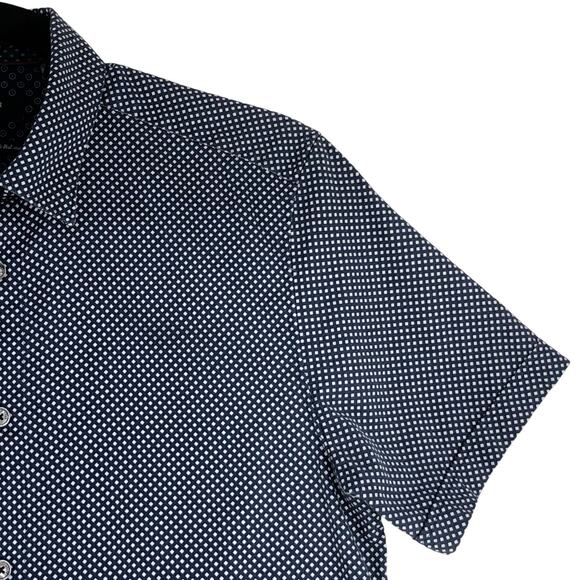 Ted Baker Shirt Mens M Navy Geometric Short Sleeve Button Up Cotton Stretch - Picture 7 of 15